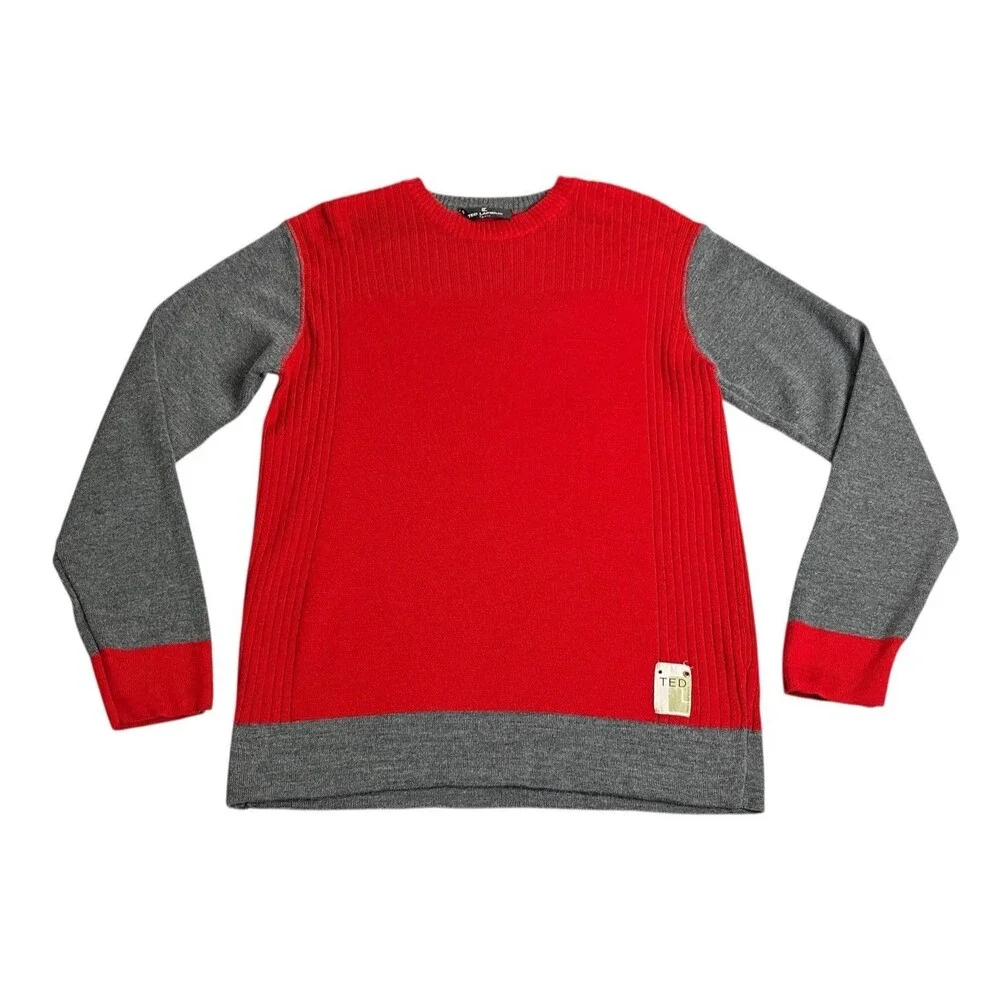 Vintage Ted Lapidus Sweater Mens S Red Gray Colorblock Wool Acrylic‎ Preppy Crew